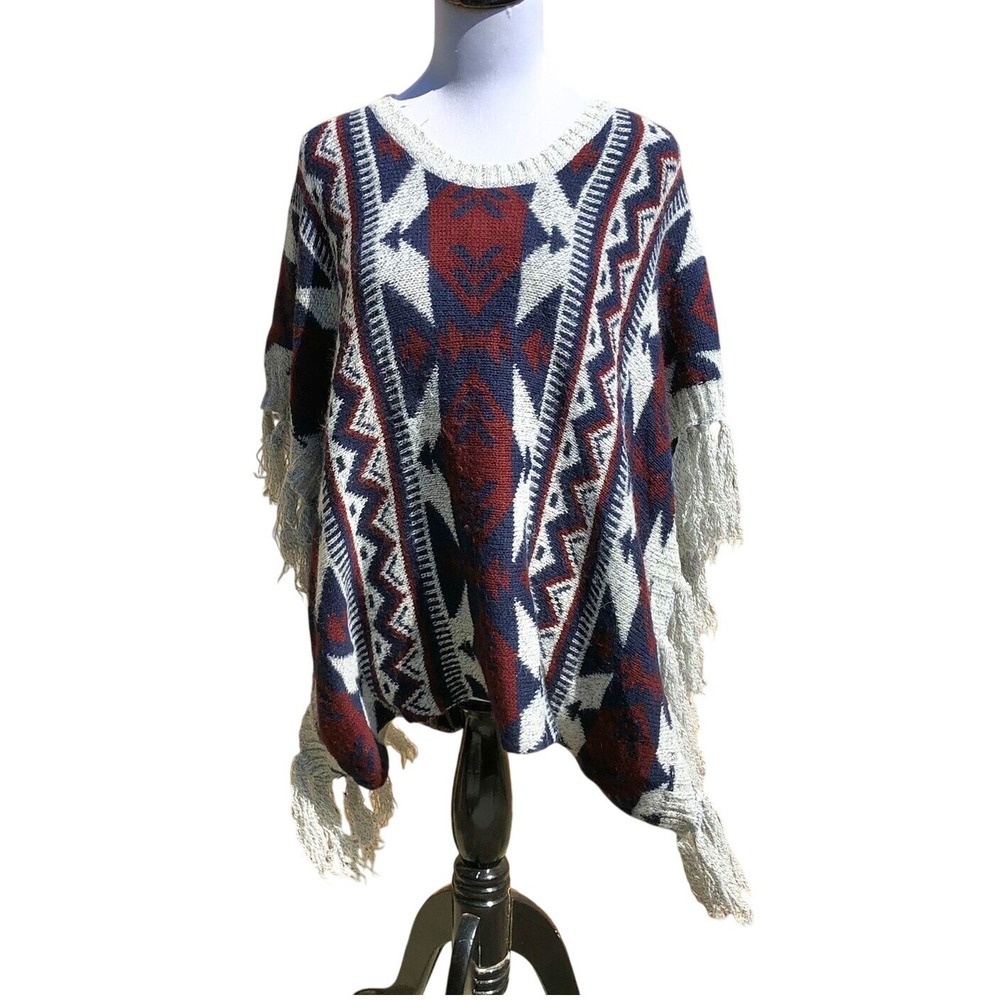 Elodie Poncho Mohair Boho Western Poncho Fringe Sweater Small‎ Southwest Hippie